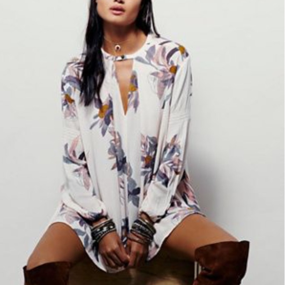 Free People White Floral Long-Sleeve Tunic